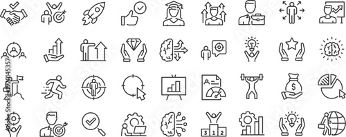 Personal growth web icons. Growth profit, career progress, business people, strategy, coaching, tutorship, collection. Editable stroke. Vector