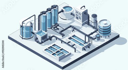 Isometric vector art depicting a water purification or treatment plant. Use for illustrating articles about clean water, industrial processes, or environmental sustainability.