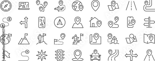Route web icons. Navigation, location, route map, traffic, pin, collection. Editable stroke. Vector