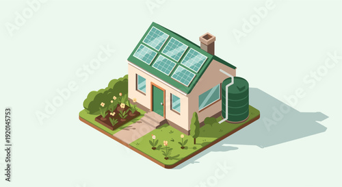 Isometric illustration of a house featuring solar panels, a rainwater tank, and a garden. Represents sustainability, eco-friendly living, and renewable energy concepts.