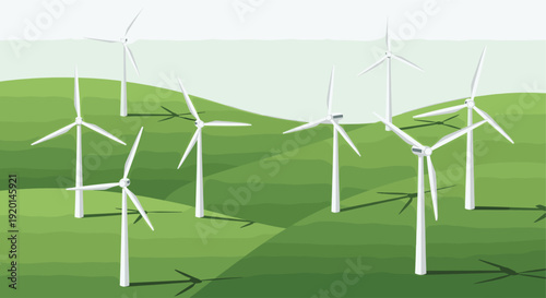 Clean, modern illustration of wind turbines on green hills. Suitable for illustrating renewable energy, sustainability, and environmental topics.