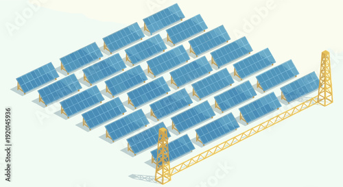 Isometric vector illustration of a solar panel farm with electricity pylon, representing clean energy, sustainability, and renewable resources. Ideal for environmental and energy-related content.