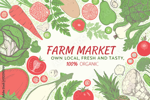 A colorful illustration of various fresh fruits and vegetables arranged artfully