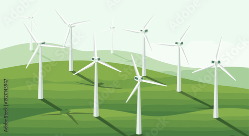 Illustration of a wind farm with white turbines on green hills. Ideal for conveying concepts of sustainability, clean energy, and environmental awareness.