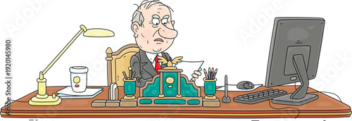Discontented government official working on documents at his office desk, vector cartoon illustration on a white background