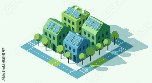 Isometric illustration of a sustainable city with solar panels, bike lanes, and trees. Ideal for environmental, urban planning, and renewable energy projects.