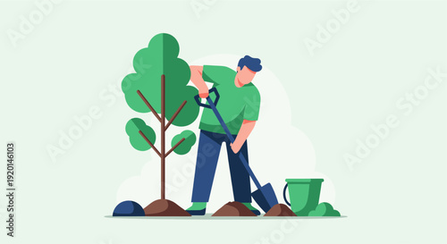 Flat vector illustration of a man planting a tree. Green and blue tones, promoting environmental awareness. Ideal for ecological campaigns, sustainable living and gardening websites.