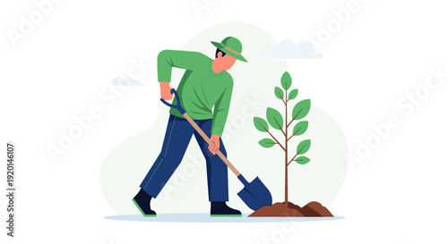 Illustration of a man planting a young tree with a shovel. Concept for environmental protection, sustainability, and nature conservation. Suitable for ecology, gardening and environment themes.