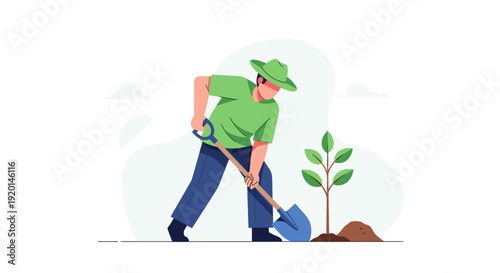 Minimalist vector illustration of a man planting a tree sapling with a shovel, set against a clean white backdrop. Ideal for eco-friendly themes and sustainability initiatives.