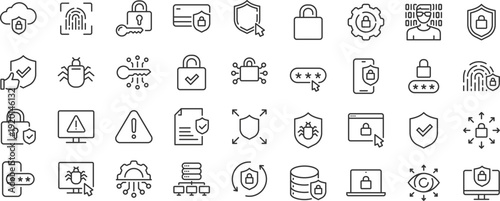 Security web icons. Guard, cyber security, password, smart home, safety, data protection, key, shield, lock, unlock, eye access. Editable stroke. Vector
