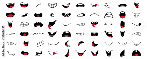 Cartoon Mouth Expressions Pack with Funny Emoji Lips, Smile, Laugh and Talking Shapes. Animation Ready Facial Expressions Vector Set for Games, Apps and Character Design.