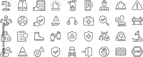 Work Safety web icons. Protection, risk management, workplace security, insurance, health, hazard, helmet. Editable stroke. Vector
