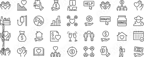 Donation web icons. Charity, now, money, nonprofit, donor, volunteer, community, collection. Editable stroke. Vector