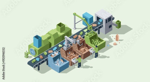 An isometric illustration of a recycling factory. Features a conveyor belt, robotic arms, workers, and waste sorting, suitable for environmental or industrial designs.