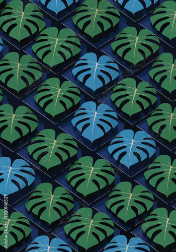 Artistic illustration of monstera leaves in repeating pattern with blue and green color variations