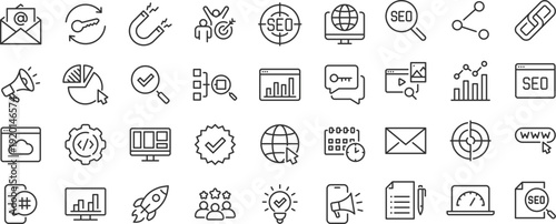 SEO web icons. Contact, target, business and marketing, traffic, ranking, optimization, website collection. Editable stroke. Vector