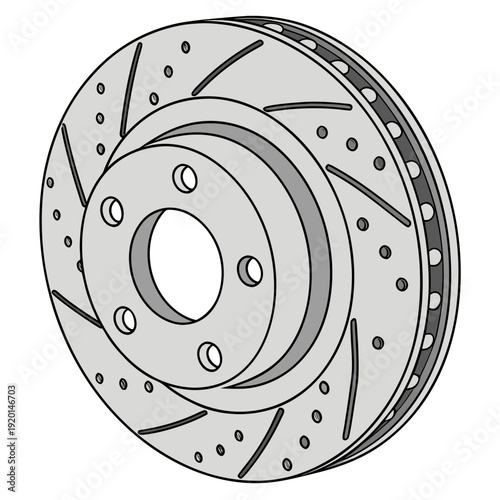 Detailed illustration of a perforated and slotted brake disc rotor, isolated on a light grey background, vector art.