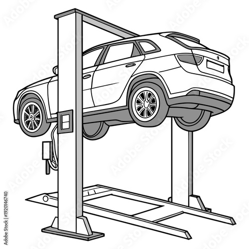 Side view illustration of a modern SUV vehicle elevated on an automatic car lift in a professional repair garage.