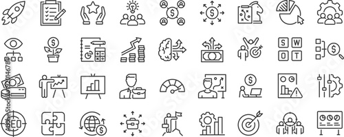 Business Strategy web icons. Srtategy, startup, teamwork, people, plan, payment, management, target, employee, infographic. Icon collection. Editable stroke. Vector
