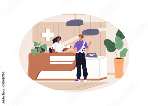 Patients talks to nurse at reception counter in clinic. Person communicates with receptionist in hospital. Character asks doctor appointment in waiting room. Flat isolated vector illustration on white