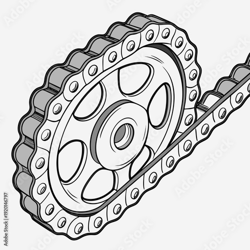 Close-up illustration of a roller chain with a sprocket, symbolizing power transmission, mechanics, and industrial machinery.