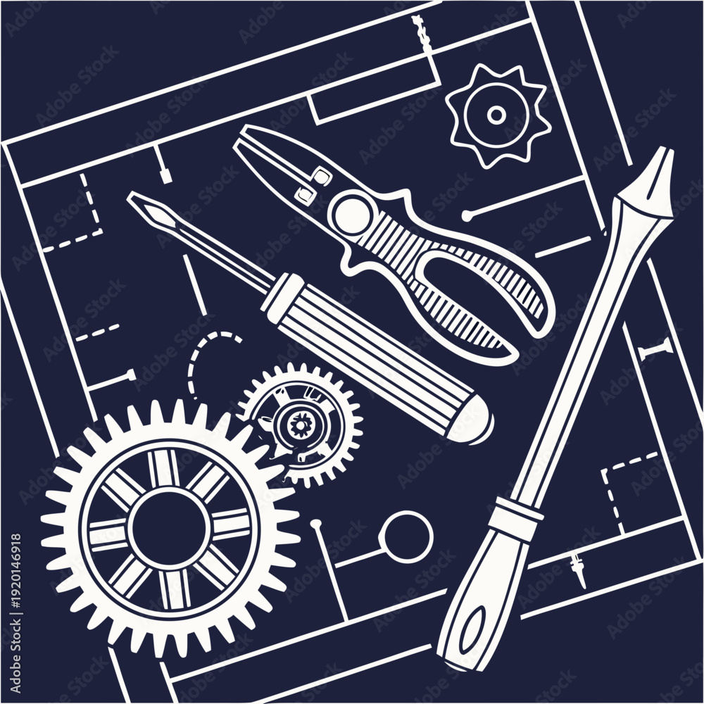 Obraz premium White line art illustration of gears, a screwdriver, pliers, and a drawing tool on a dark navy background, symbolizing technical design and construction.