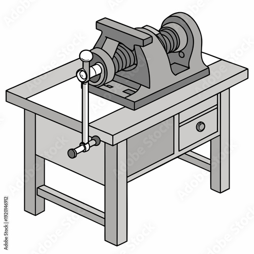 Drawing of a sturdy metal vise attached to a workbench with drawers, showcasing a functional workspace for intricate tasks.