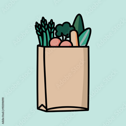 A brown paper bag overflowing with fresh vegetables and produce