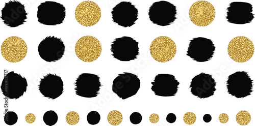 Black brush stroke circles and gold glitter polka dot set