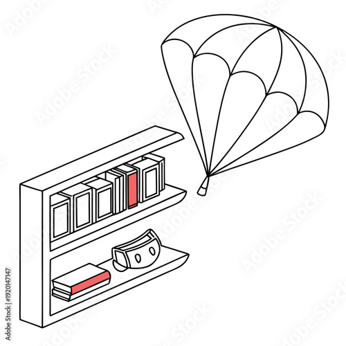 Bookshelf with books and a parachute delivering one book, isometric line art illustration symbolizing knowledge delivery or unexpected learning.