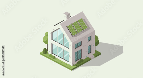 Isometric illustration of a modern house with solar panels, conveying eco-friendly living. Ideal for brochures, websites, and marketing materials related to green energy and sustainability.