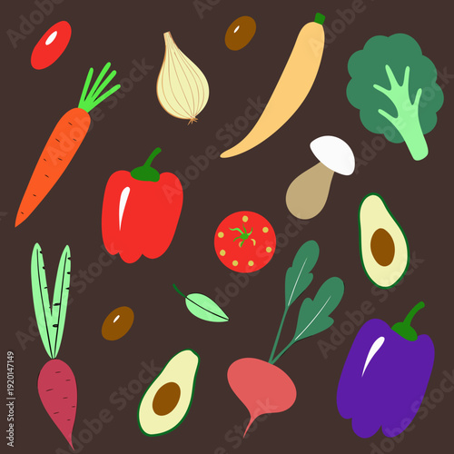 Colorful assortment of fruits and vegetables in a flat design style