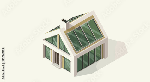 Modern home illustration in isometric view. Great for architectural concepts, green building design, or real estate promotion. Minimalist design, clean lines, and natural light.