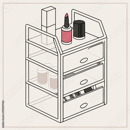 Makeup organizer with drawers and compartments holding cosmetics like lipstick and foundation, isometric line art illustration.
