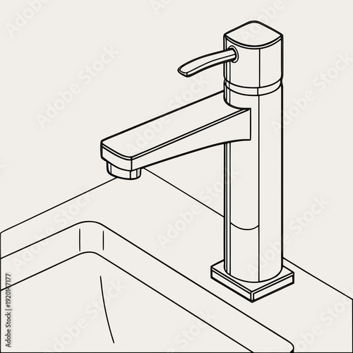 Modern single-handle faucet in a bathroom or kitchen sink, clean line art illustration showing a water tap.