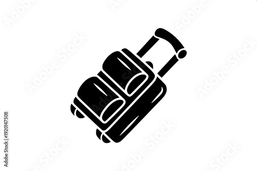 Minimal monochrome travel luggage with wheels and extended handle, airplane symbol above, clean vector style