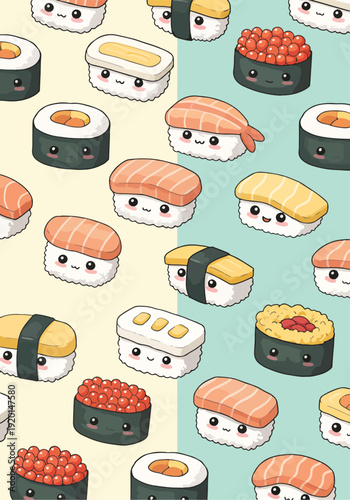 Adorable cartoon sushi pattern illustration with various types of sushi on a colorful background