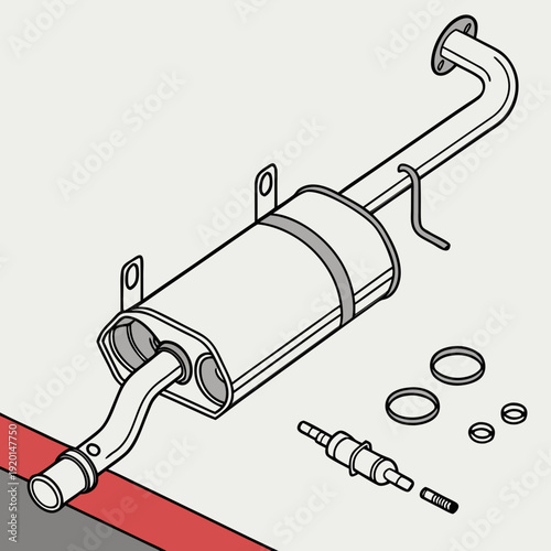 Isometric Car Exhaust System with Muffler, Gaskets, and Oxygen Sensor Parts for Automotive Repair and Replacement