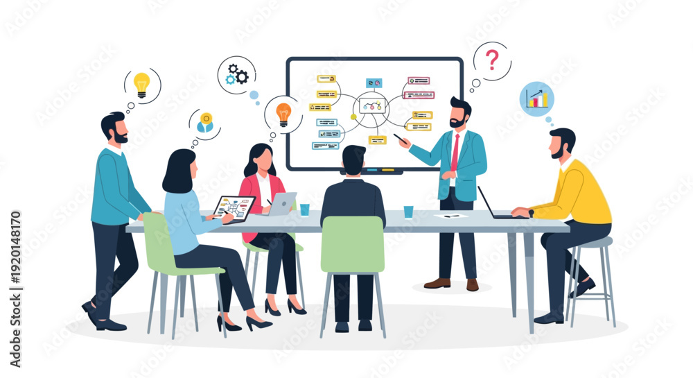 Obraz premium Business meeting with team discussing strategy on whiteboard.