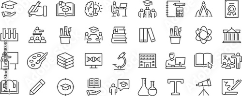 Education web icons. School, university, success, academic, textbook, distance learning, collection. Editable stroke. Vector