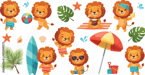 Cute summer lion character set with beach elements and playful poses