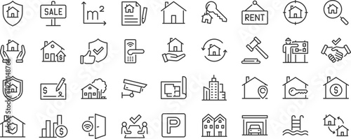 Real Estate web icons. Rent, building, agent, house, auction, property, mortgage, home, realtor, collection. Editable stroke. Vector