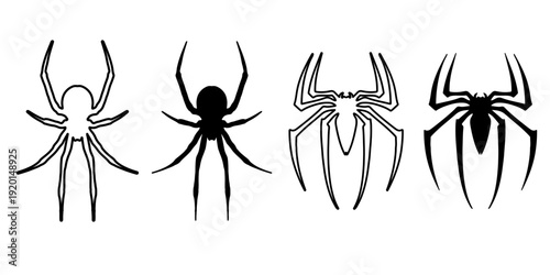 Spider icon set featuring black silhouette and thin line art versions of various arachnid species for Halloween decoration, pest control branding, and predatory insect concepts.