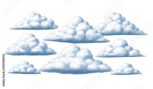 Realistic day cloudscape vector with fluffy white clouds isolated on white background for sky, weather, and design projects