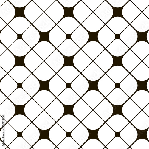 Seamless geometric pattern featuring black four-pointed stars and rounded diamond shapes with thin intersecting lines in a modern repeating grid for creative textile and wallpaper backgrounds.