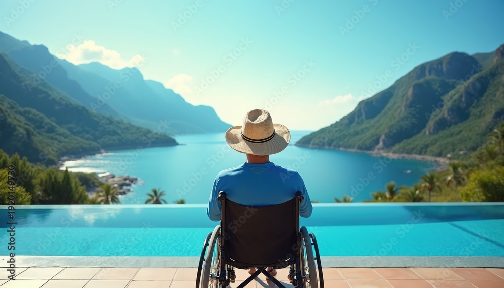Obraz premium Person in wheelchair enjoys scenic ocean view by infinity pool. Relaxing by blue water mountains and clear sky. Serene vacation on sunny day.