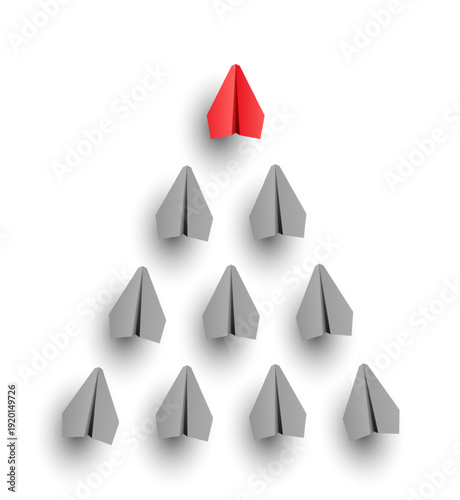 Leadership concept with red paper airplane flying ahead of group