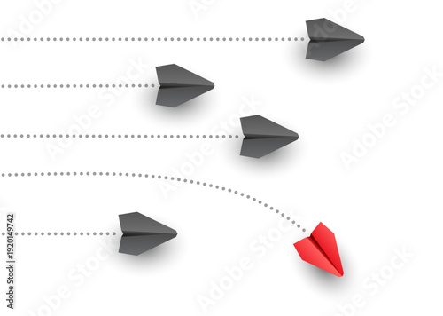 Concept of individuality with red paper plane flying to the side