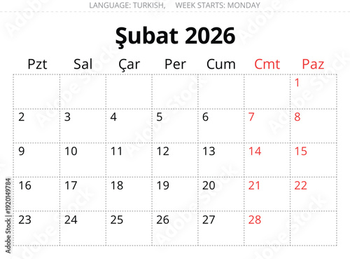 2026 Turkish February calendar layout. Vector monthly planner page Turkey