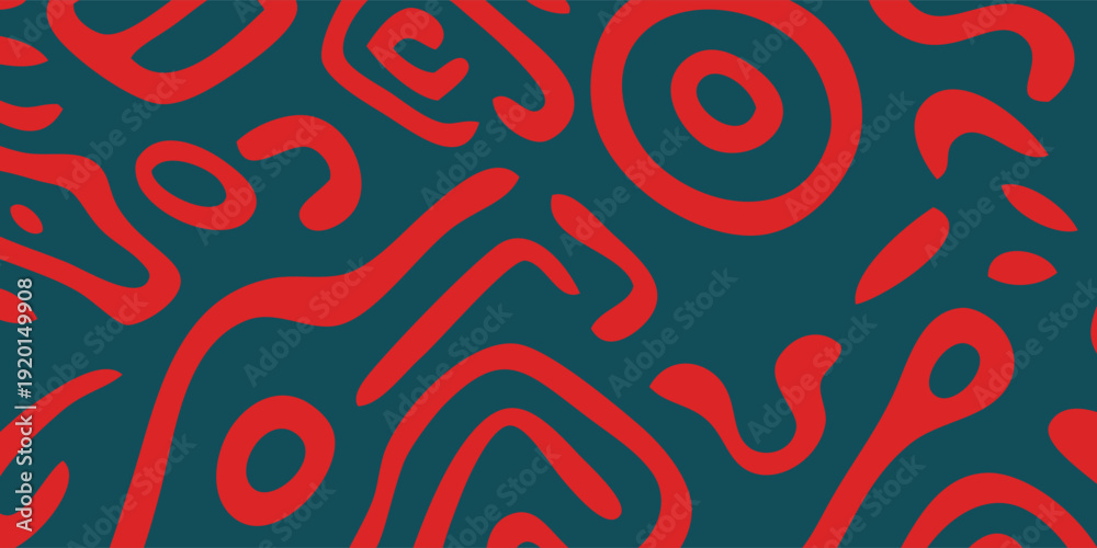 Fototapeta premium Abstract Red Organic Lines and Circles on Teal Background.